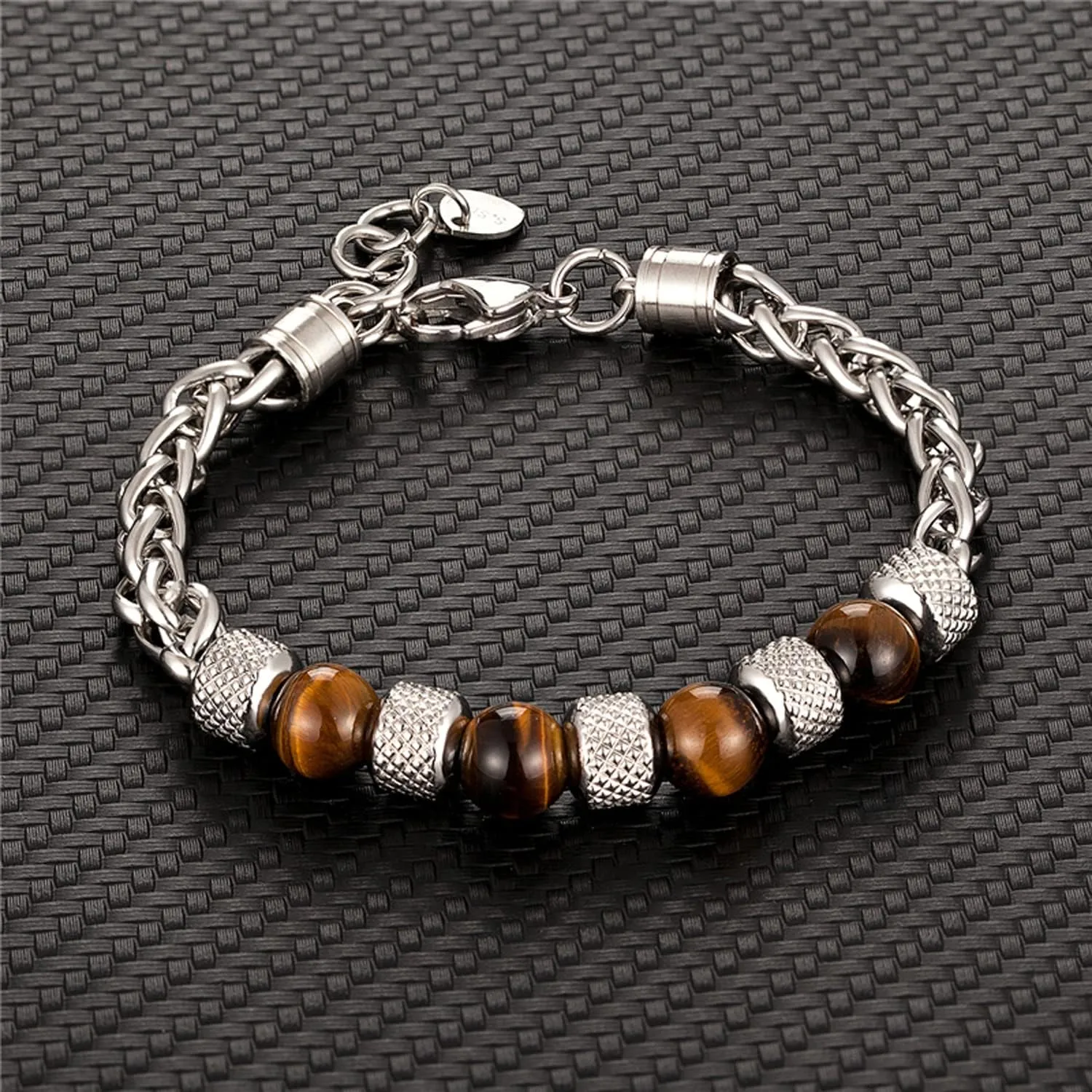 Fashion Women Men Charm 8MM Natural Stone Strand Bracelets Stainless Steel Link Chain Bangles Tiger eye Beaded Yoga Bracelet Male Jewelry