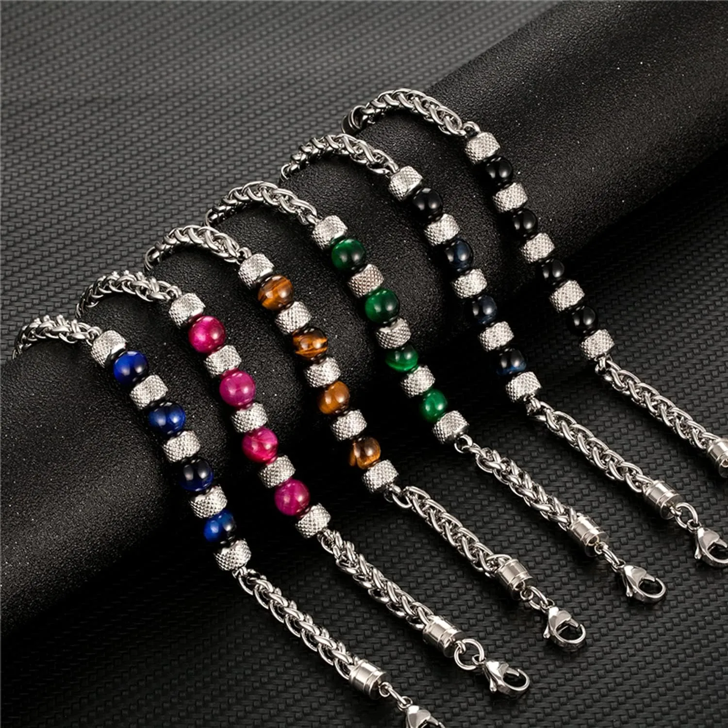 Fashion Women Men Charm 8MM Natural Stone Strand Bracelets Stainless Steel Link Chain Bangles Tiger eye Beaded Yoga Bracelet Male Jewelry