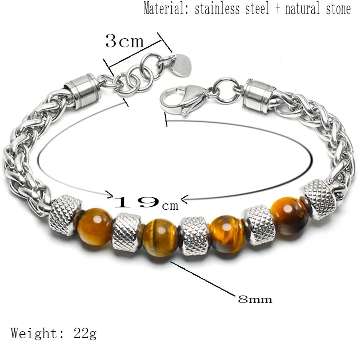 Fashion Women Men Charm 8MM Natural Stone Strand Bracelets Stainless Steel Link Chain Bangles Tiger eye Beaded Yoga Bracelet Male Jewelry