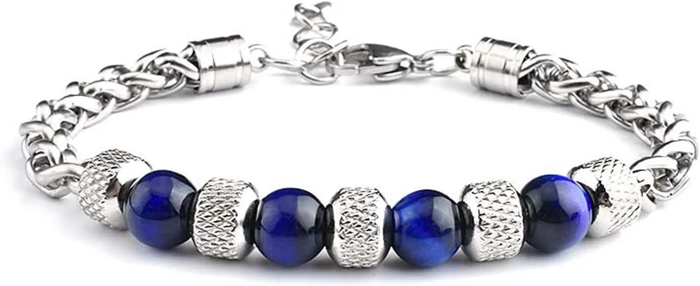 Fashion Women Men Charm 8MM Natural Stone Strand Bracelets Stainless Steel Link Chain Bangles Tiger eye Beaded Yoga Bracelet Male Jewelry