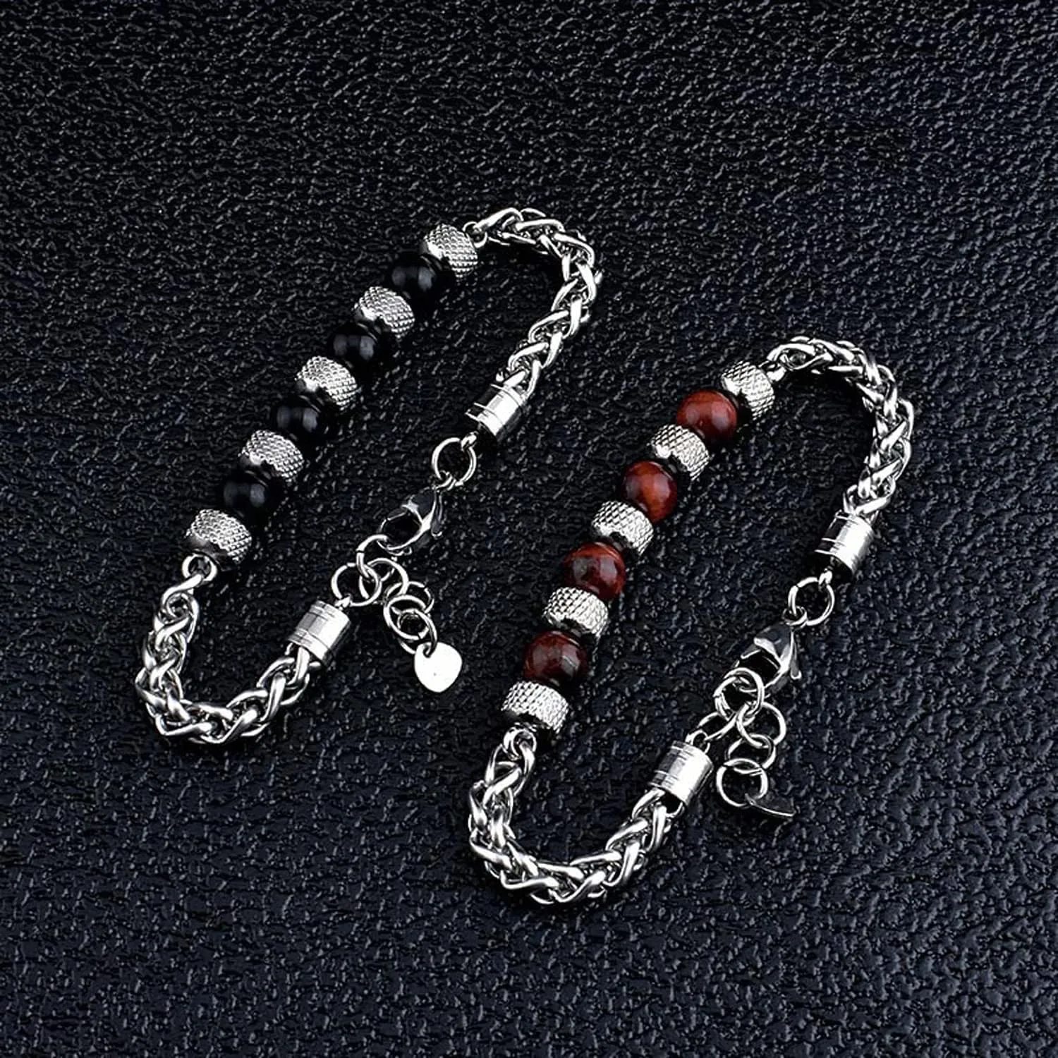 Fashion Women Men Charm 8MM Natural Stone Strand Bracelets Stainless Steel Link Chain Bangles Tiger eye Beaded Yoga Bracelet Male Jewelry