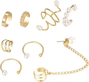 Fashionable Pearl Ear Cuffs Wrap Earrings for Women 8pcs Pearl Clip Earring Jewelry Set
