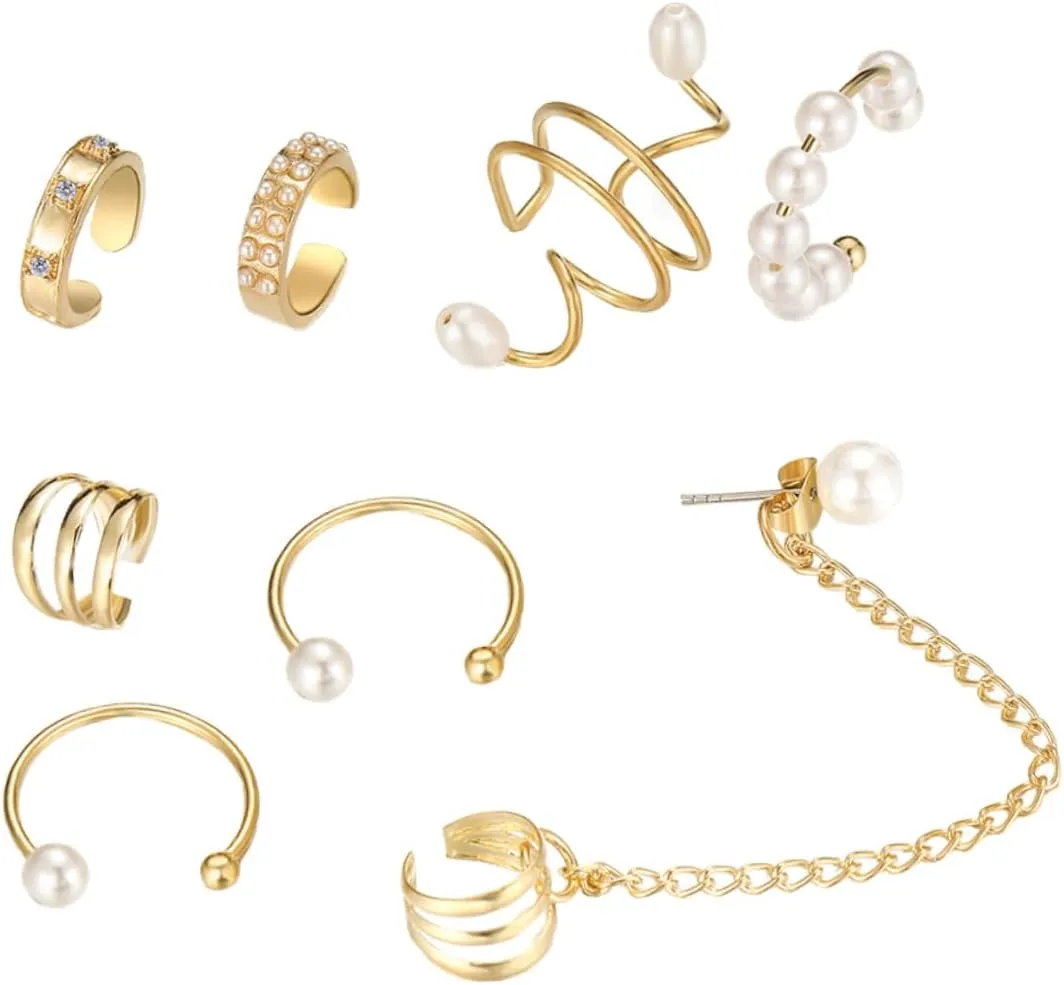 Fashionable Pearl Ear Cuffs Wrap Earrings for Women 8pcs Pearl Clip Earring Jewelry Set