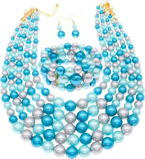 Faux Big Pearl Strand Necklaces for Women - 5 Layers Bib Collar Necklace, Bracelet and Earrings Set - 1920s Costume Jewelry for Bridal Wedding Gift (Blue)