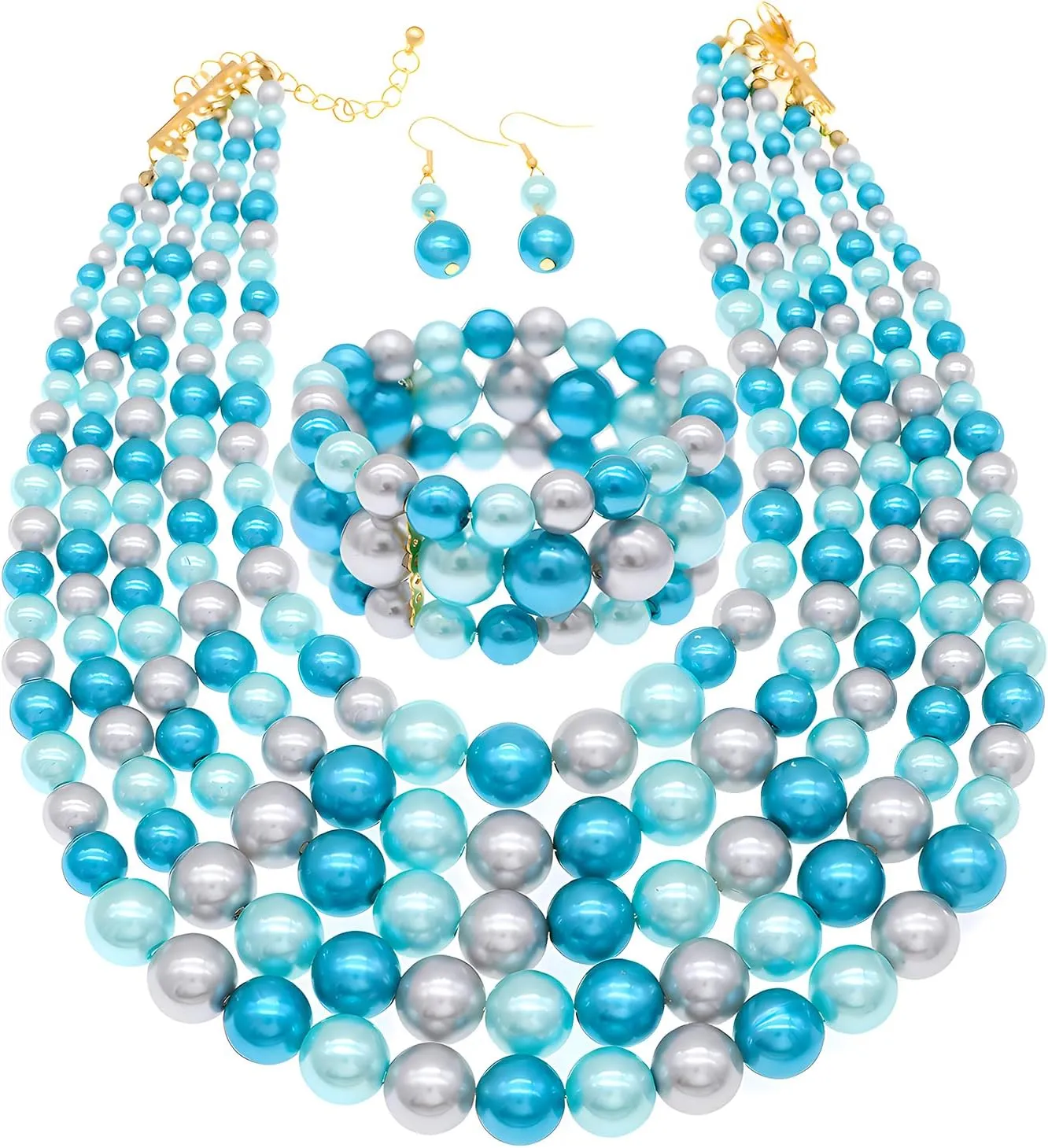 Faux Big Pearl Strand Necklaces for Women - 5 Layers Bib Collar Necklace, Bracelet and Earrings Set - 1920s Costume Jewelry for Bridal Wedding Gift (Blue)