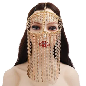 Faux Crystal Masquerade Mask Veil Face Chain Belly Dance Jewelry Headband, as the picture shows