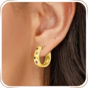 Fcebsty 14K Gold Filled Earrings 925 Sterling Silver Posts Hypoallergenic Chunky Huggie Earrings for Women Multi-Colored Cubic Zirconia Statement Hoop Earrings for Women