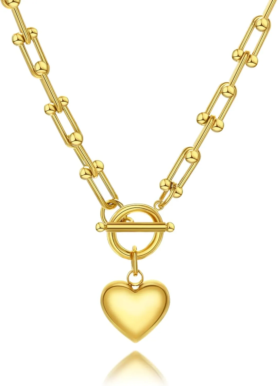 FEEL STYLE Chunky Gold Necklace for Women - 18K Gold Plated Heart Lock Charm Necklace - Cuban Chain Link U Shaped Bamboo Paperclip Choker Necklace - Statement Jewelry Gifts for Women