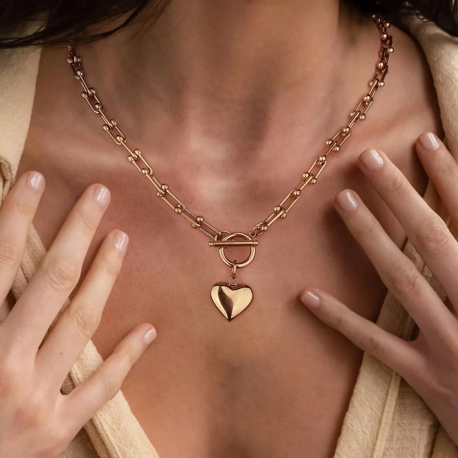 FEEL STYLE Chunky Gold Necklace for Women - 18K Gold Plated Heart Lock Charm Necklace - Cuban Chain Link U Shaped Bamboo Paperclip Choker Necklace - Statement Jewelry Gifts for Women