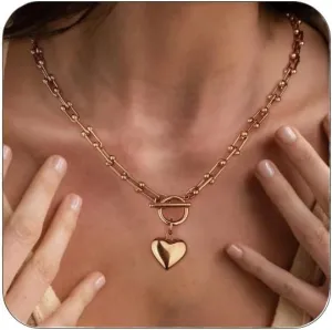 FEEL STYLE Chunky Gold Necklace for Women - 18K Gold Plated Heart Lock Charm Necklace - Cuban Chain Link U Shaped Bamboo Paperclip Choker Necklace - Statement Jewelry Gifts for Women