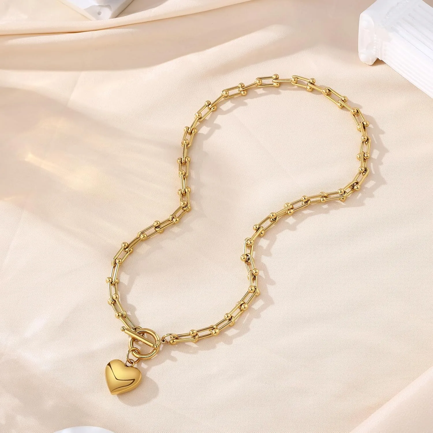 FEEL STYLE Chunky Gold Necklace for Women - 18K Gold Plated Heart Lock Charm Necklace - Cuban Chain Link U Shaped Bamboo Paperclip Choker Necklace - Statement Jewelry Gifts for Women