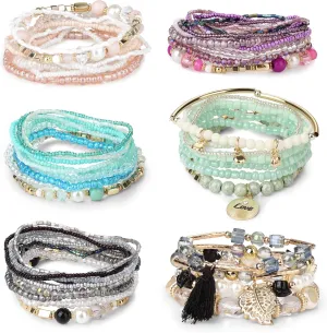 FIBO STEEL 6 Sets Bohemian Stackable Bead Bracelets for Women Stretch Multilayered Bracelet Set Multicolor Boho Jewelry