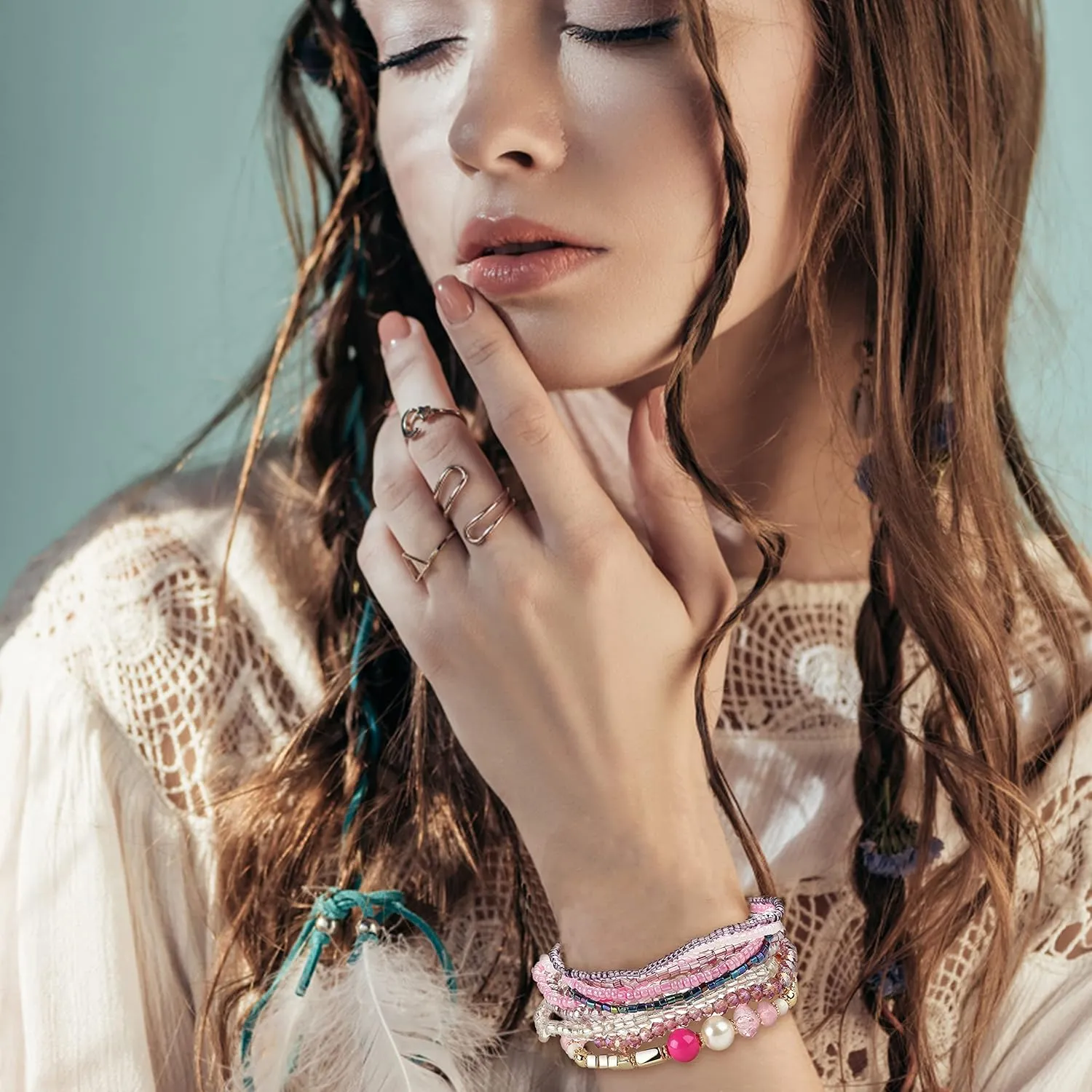 FIBO STEEL 6 Sets Bohemian Stackable Bead Bracelets for Women Stretch Multilayered Bracelet Set Multicolor Boho Jewelry
