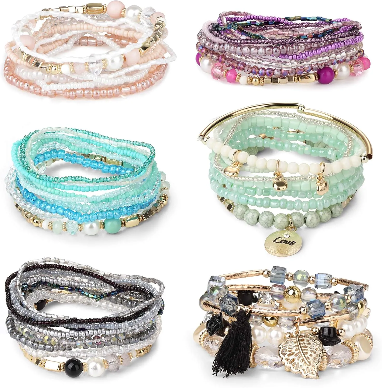 FIBO STEEL 6 Sets Bohemian Stackable Bead Bracelets for Women Stretch Multilayered Bracelet Set Multicolor Boho Jewelry