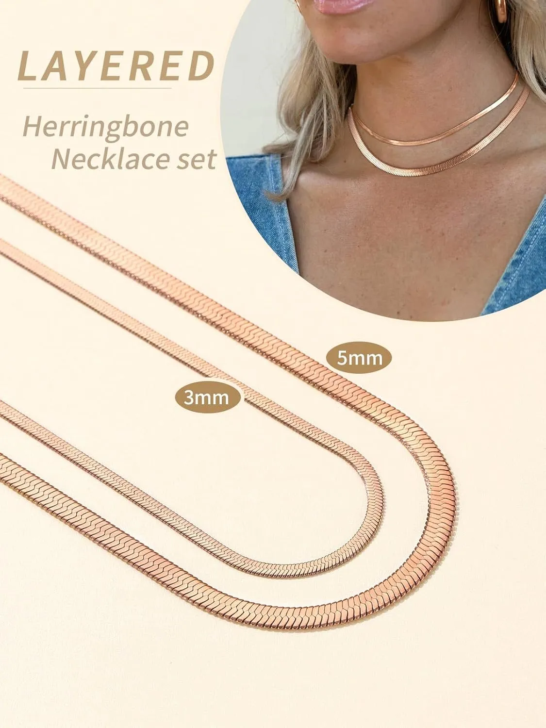 FindChic Stunning Choker Herringbone Chains for Women Stainless Steel 18K Gold/Rose Gold Plated Snake Chain Necklaces 3MM/5MM Width 12.5inch 15inch Adjustable, with Jewelry Box