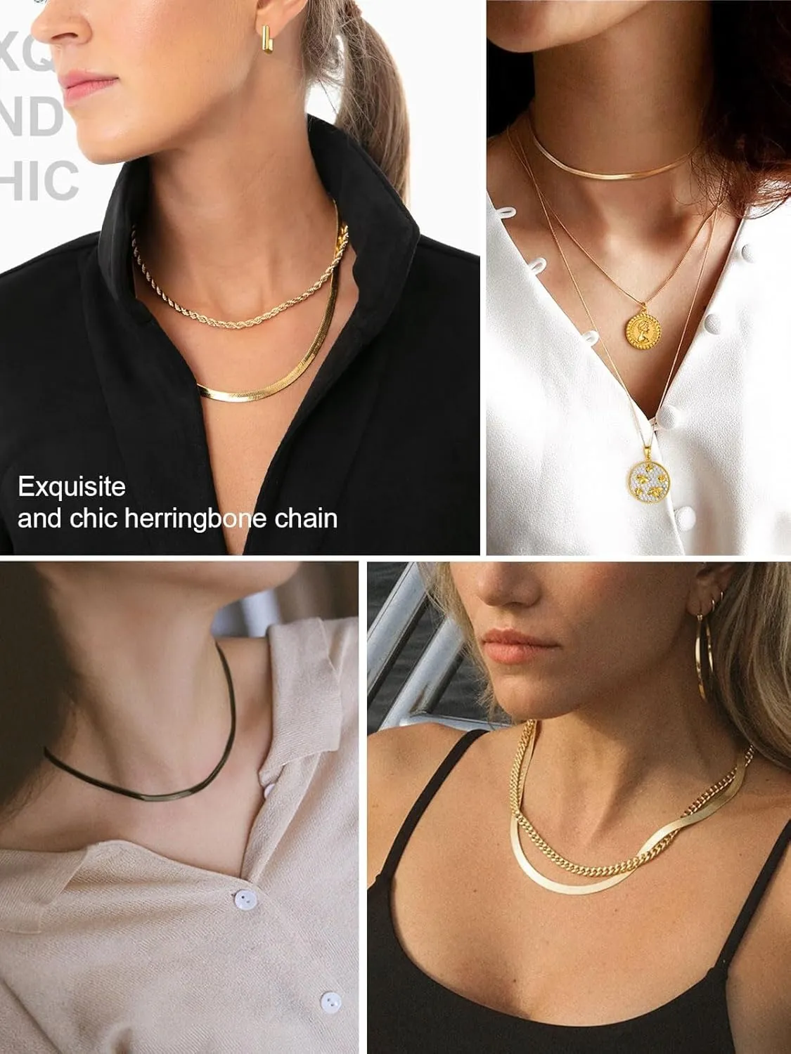 FindChic Stunning Choker Herringbone Chains for Women Stainless Steel 18K Gold/Rose Gold Plated Snake Chain Necklaces 3MM/5MM Width 12.5inch 15inch Adjustable, with Jewelry Box
