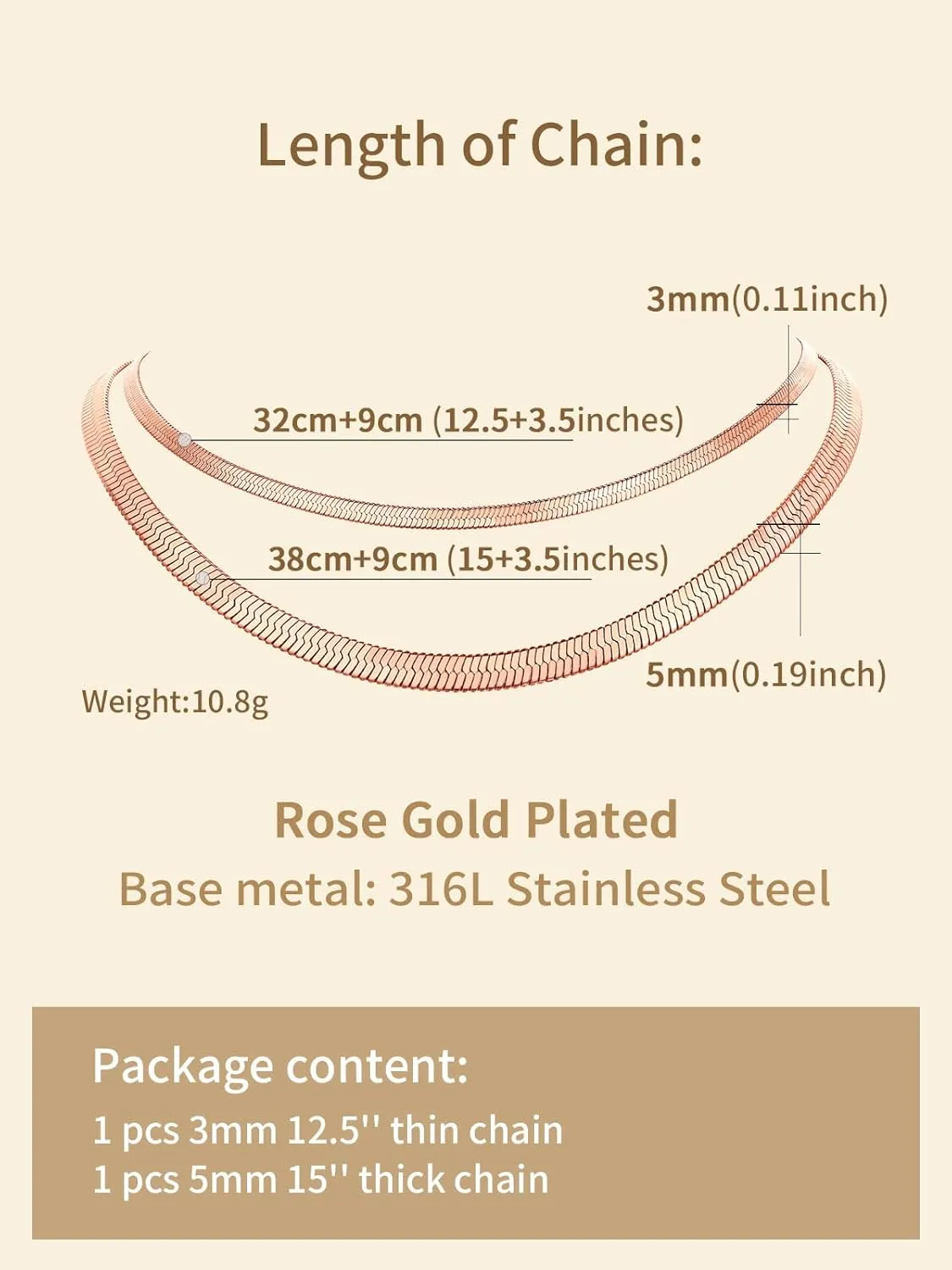 FindChic Stunning Choker Herringbone Chains for Women Stainless Steel 18K Gold/Rose Gold Plated Snake Chain Necklaces 3MM/5MM Width 12.5inch 15inch Adjustable, with Jewelry Box