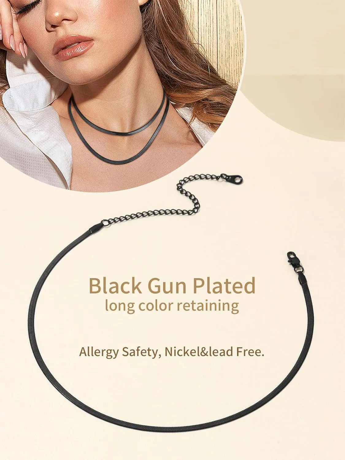 FindChic Stunning Choker Herringbone Chains for Women Stainless Steel 18K Gold/Rose Gold Plated Snake Chain Necklaces 3MM/5MM Width 12.5inch 15inch Adjustable, with Jewelry Box