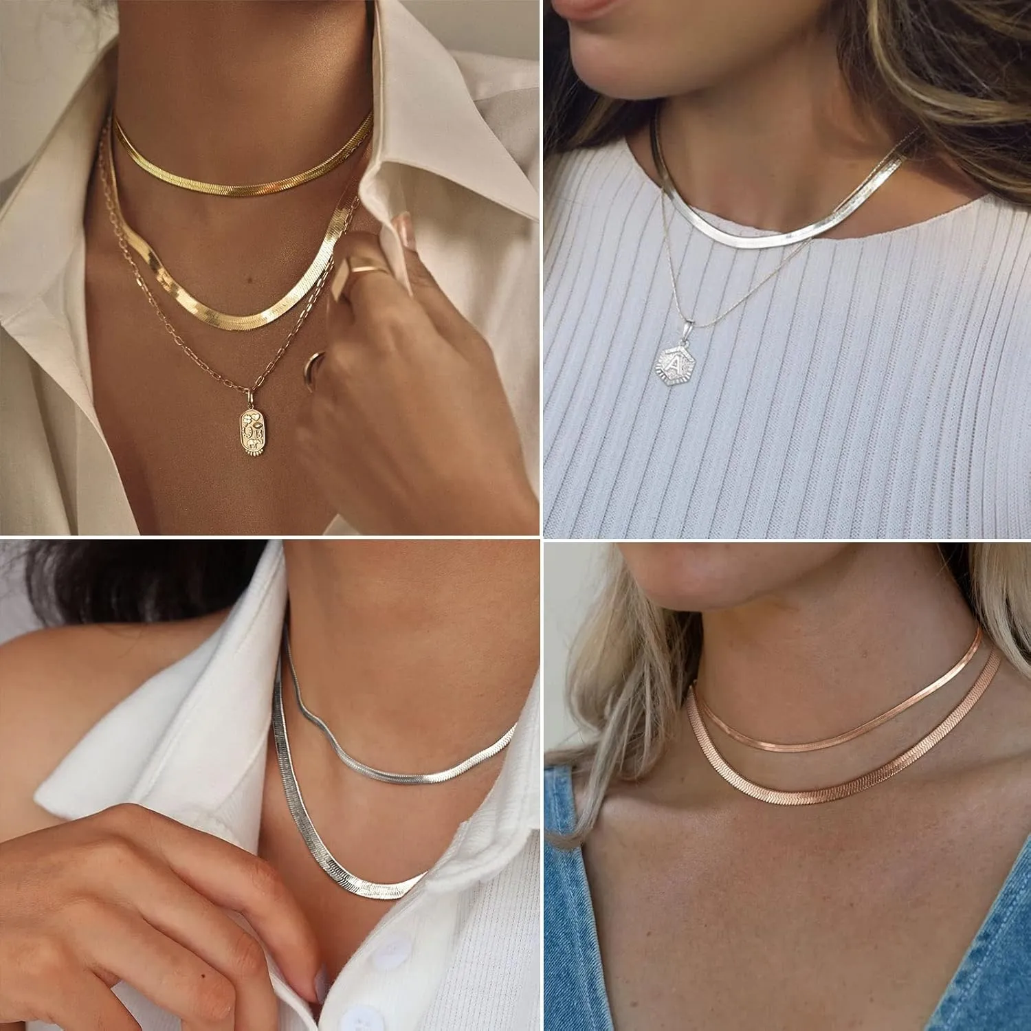 FindChic Stunning Choker Herringbone Chains for Women Stainless Steel 18K Gold/Rose Gold Plated Snake Chain Necklaces 3MM/5MM Width 12.5inch 15inch Adjustable, with Jewelry Box