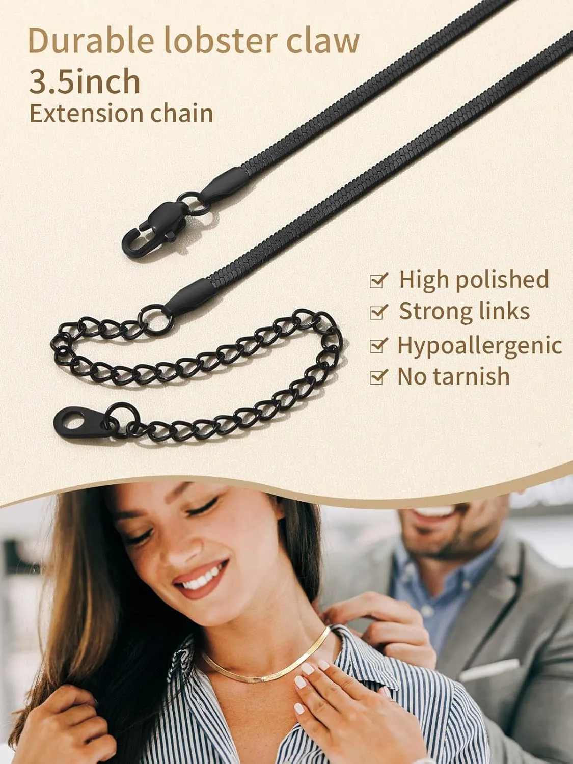 FindChic Stunning Choker Herringbone Chains for Women Stainless Steel 18K Gold/Rose Gold Plated Snake Chain Necklaces 3MM/5MM Width 12.5inch 15inch Adjustable, with Jewelry Box