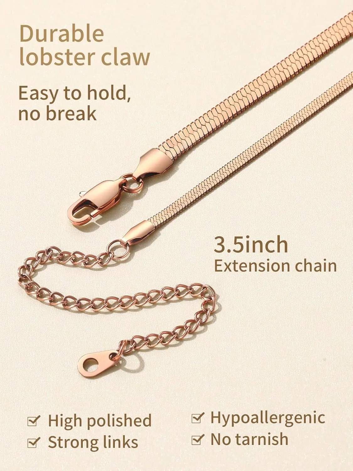 FindChic Stunning Choker Herringbone Chains for Women Stainless Steel 18K Gold/Rose Gold Plated Snake Chain Necklaces 3MM/5MM Width 12.5inch 15inch Adjustable, with Jewelry Box
