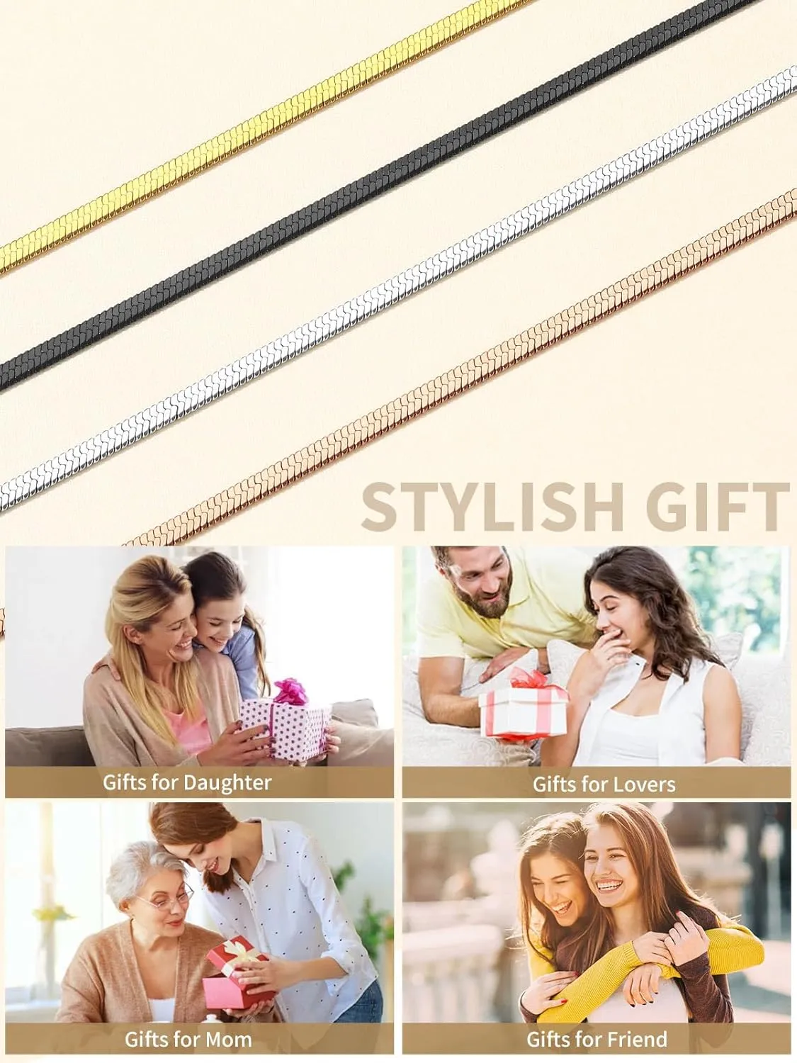 FindChic Stunning Choker Herringbone Chains for Women Stainless Steel 18K Gold/Rose Gold Plated Snake Chain Necklaces 3MM/5MM Width 12.5inch 15inch Adjustable, with Jewelry Box