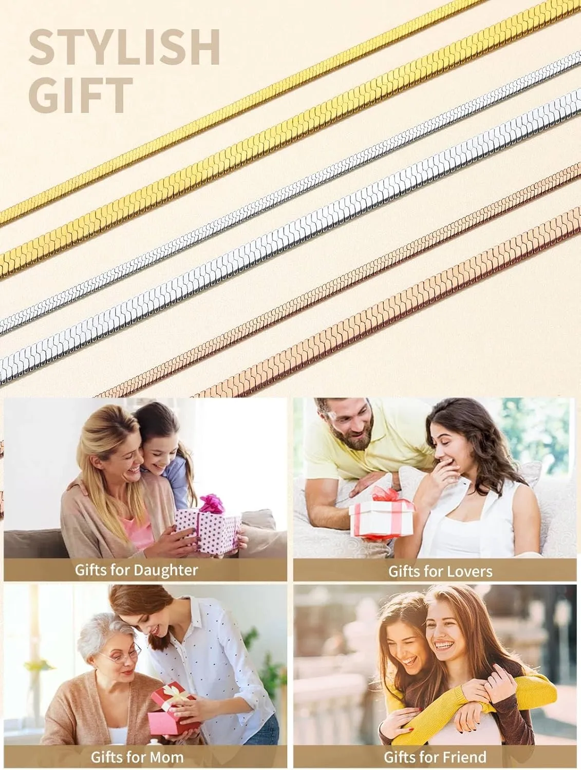 FindChic Stunning Choker Herringbone Chains for Women Stainless Steel 18K Gold/Rose Gold Plated Snake Chain Necklaces 3MM/5MM Width 12.5inch 15inch Adjustable, with Jewelry Box