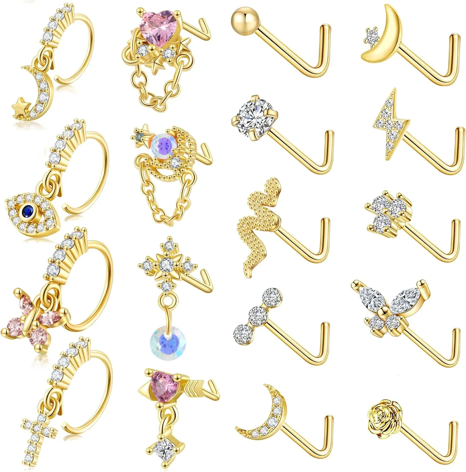 FIRAZIO 18Pcs 20G Dangle Nose Rings for Women Surgical Steel L Shape Nose Stud Rings Cute Flower Butterfly Heart Evil Eye Opal CZ Dangling Nose Piercing Jewelry