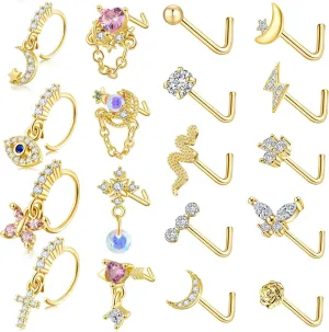 FIRAZIO 18Pcs 20G Dangle Nose Rings for Women Surgical Steel L Shape Nose Stud Rings Cute Flower Butterfly Heart Evil Eye Opal CZ Dangling Nose Piercing Jewelry