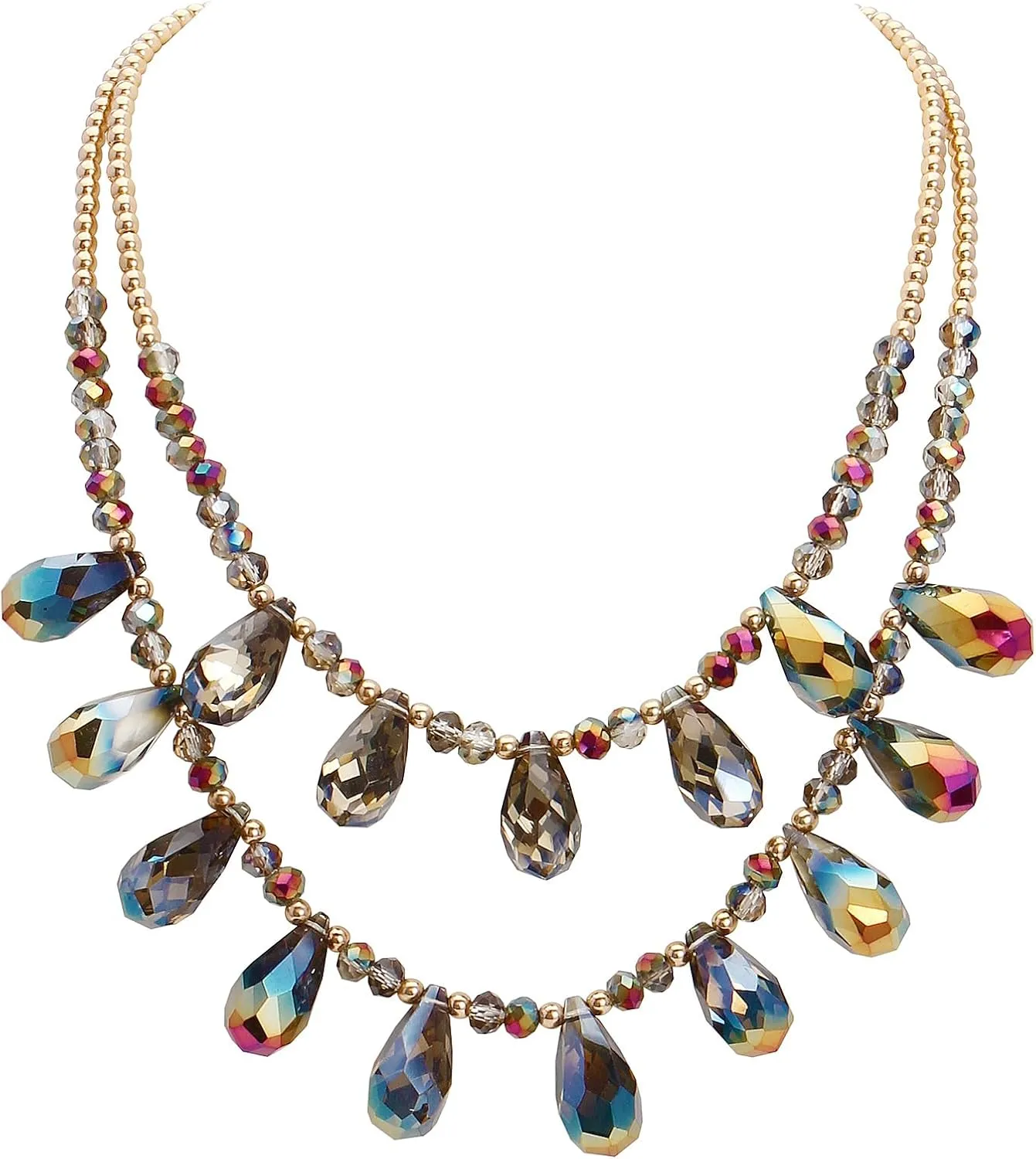 Firstmeet Crystal Glass Bead Bib Necklace Exquisite Double Layered Water Droplet Collar Necklace