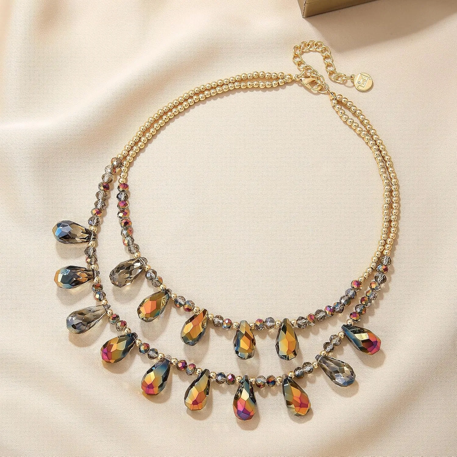 Firstmeet Crystal Glass Bead Bib Necklace Exquisite Double Layered Water Droplet Collar Necklace