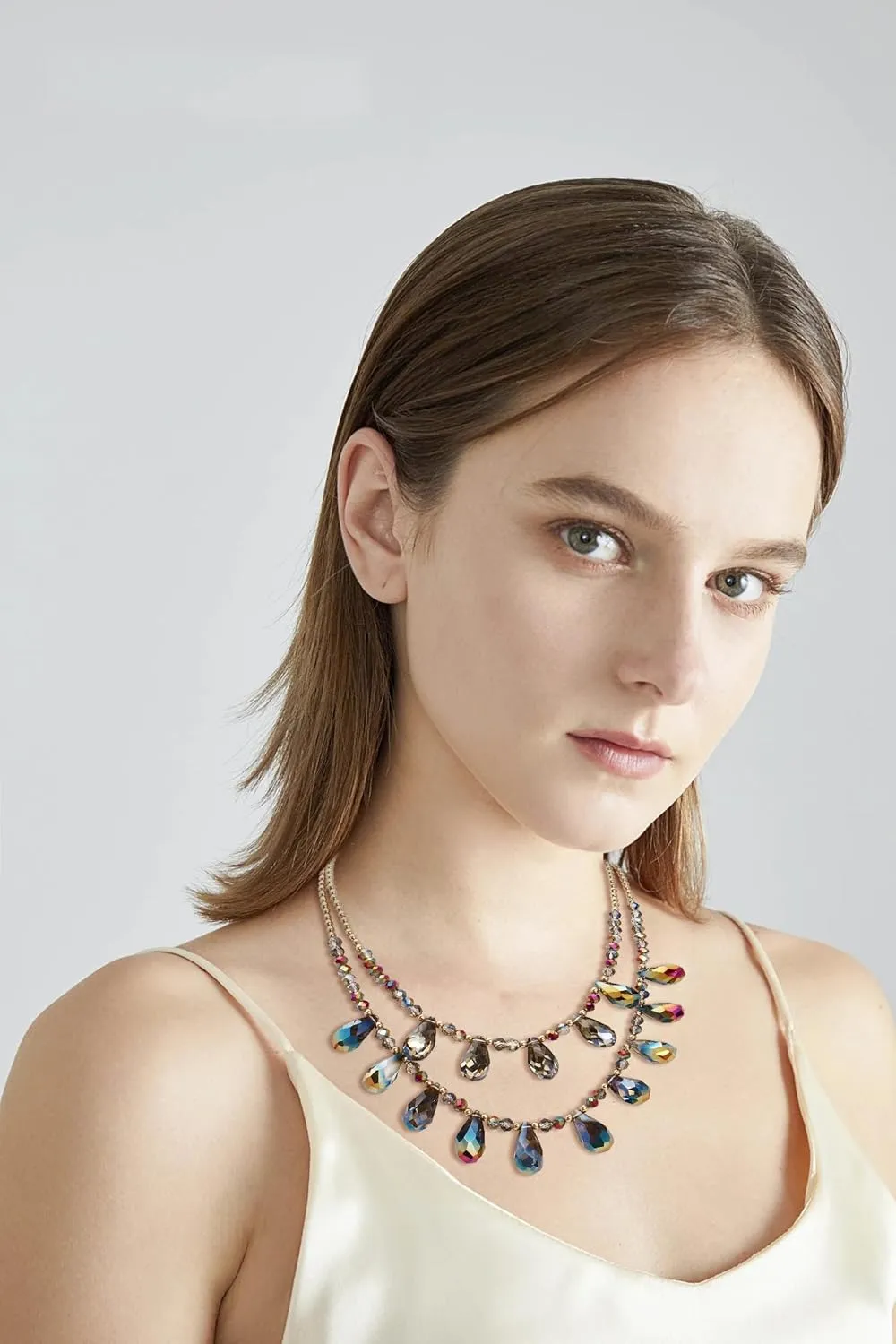 Firstmeet Crystal Glass Bead Bib Necklace Exquisite Double Layered Water Droplet Collar Necklace