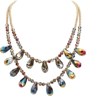 Firstmeet Crystal Glass Bead Bib Necklace Exquisite Double Layered Water Droplet Collar Necklace