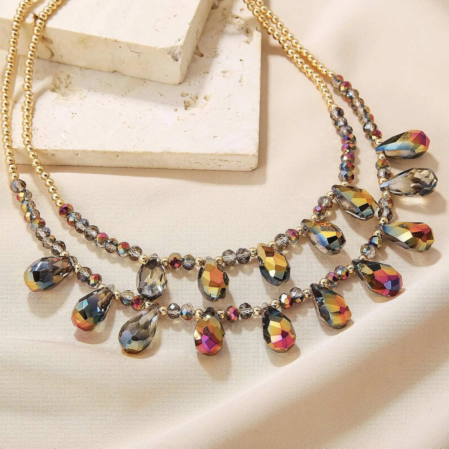 Firstmeet Crystal Glass Bead Bib Necklace Exquisite Double Layered Water Droplet Collar Necklace