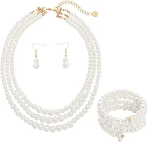 Firstmeet Vintage Multilayer Imitation Pearl Choker Necklace Elegant Bridal Jewelry Set with Matching Earrings Bracelet