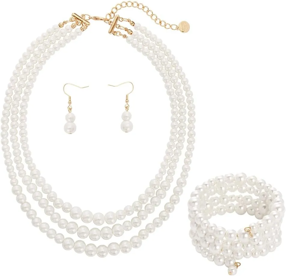 Firstmeet Vintage Multilayer Imitation Pearl Choker Necklace Elegant Bridal Jewelry Set with Matching Earrings Bracelet