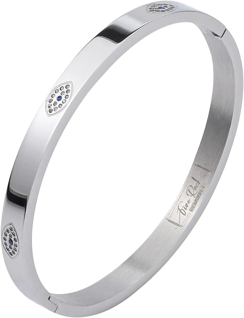 Five Rock Style Elegant Chamsa Eye Bracelet Bangles Gift Box, Silver, Friendship Jewelry for Women, Girls, Teens and Friends, No More Evil Eye, Stainless Steel Hinged Bangle with Select Cubic Zirconias