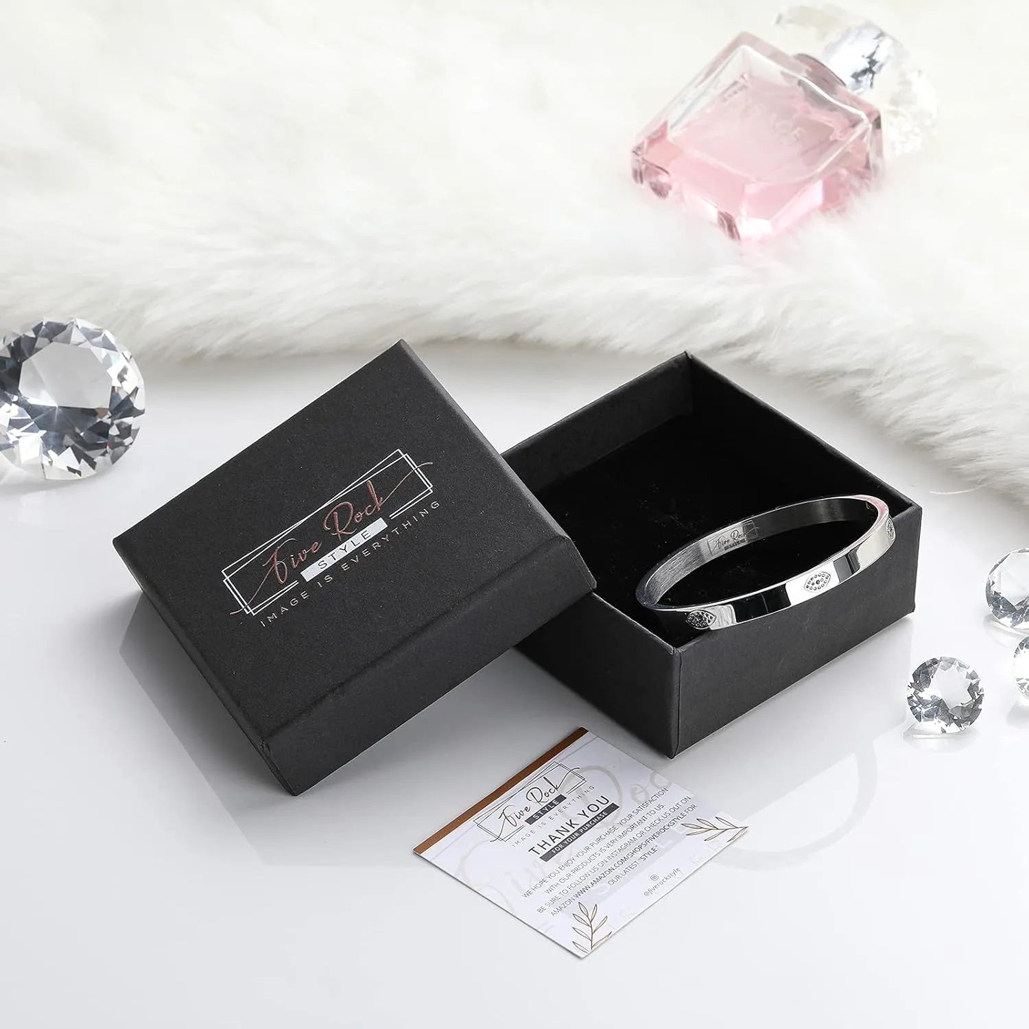 Five Rock Style Elegant Chamsa Eye Bracelet Bangles Gift Box, Silver, Friendship Jewelry for Women, Girls, Teens and Friends, No More Evil Eye, Stainless Steel Hinged Bangle with Select Cubic Zirconias