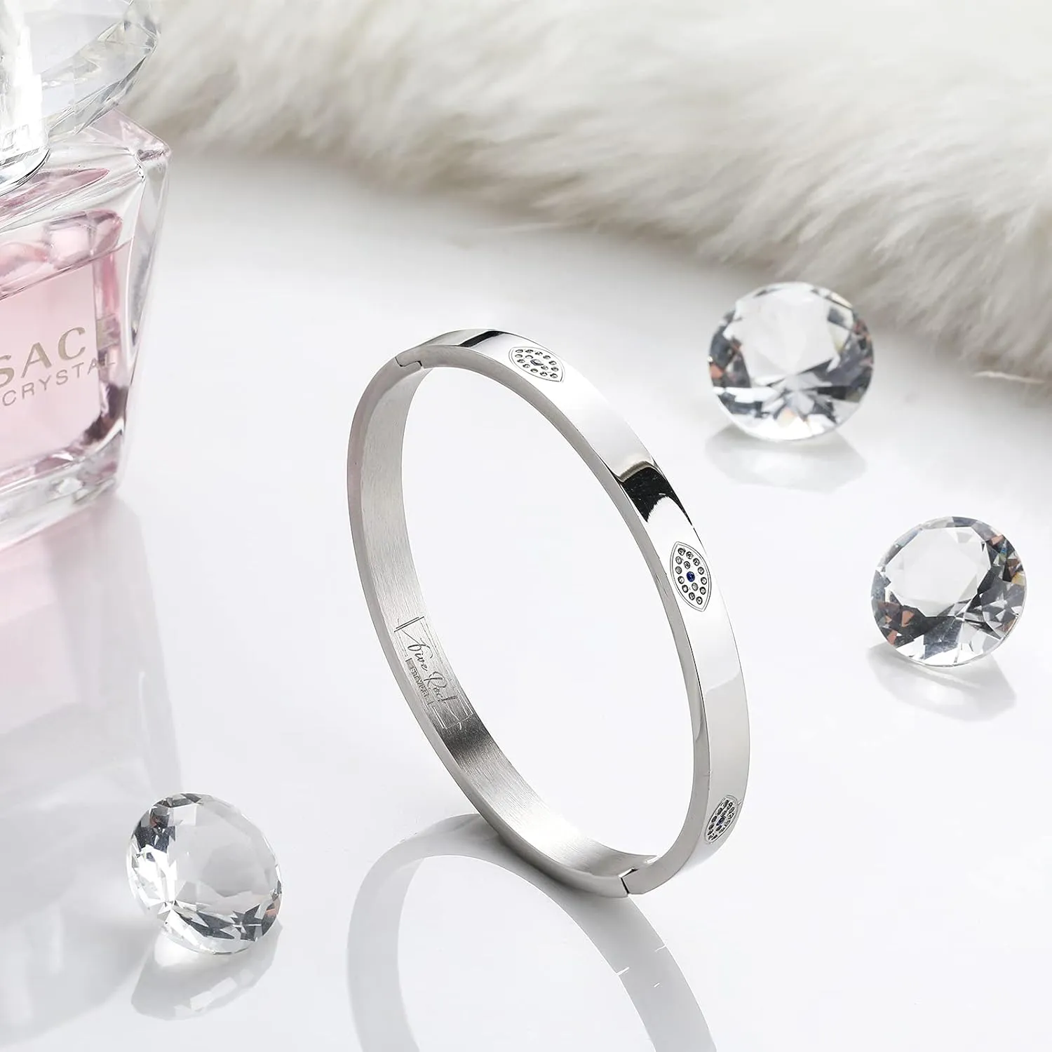 Five Rock Style Elegant Chamsa Eye Bracelet Bangles Gift Box, Silver, Friendship Jewelry for Women, Girls, Teens and Friends, No More Evil Eye, Stainless Steel Hinged Bangle with Select Cubic Zirconias