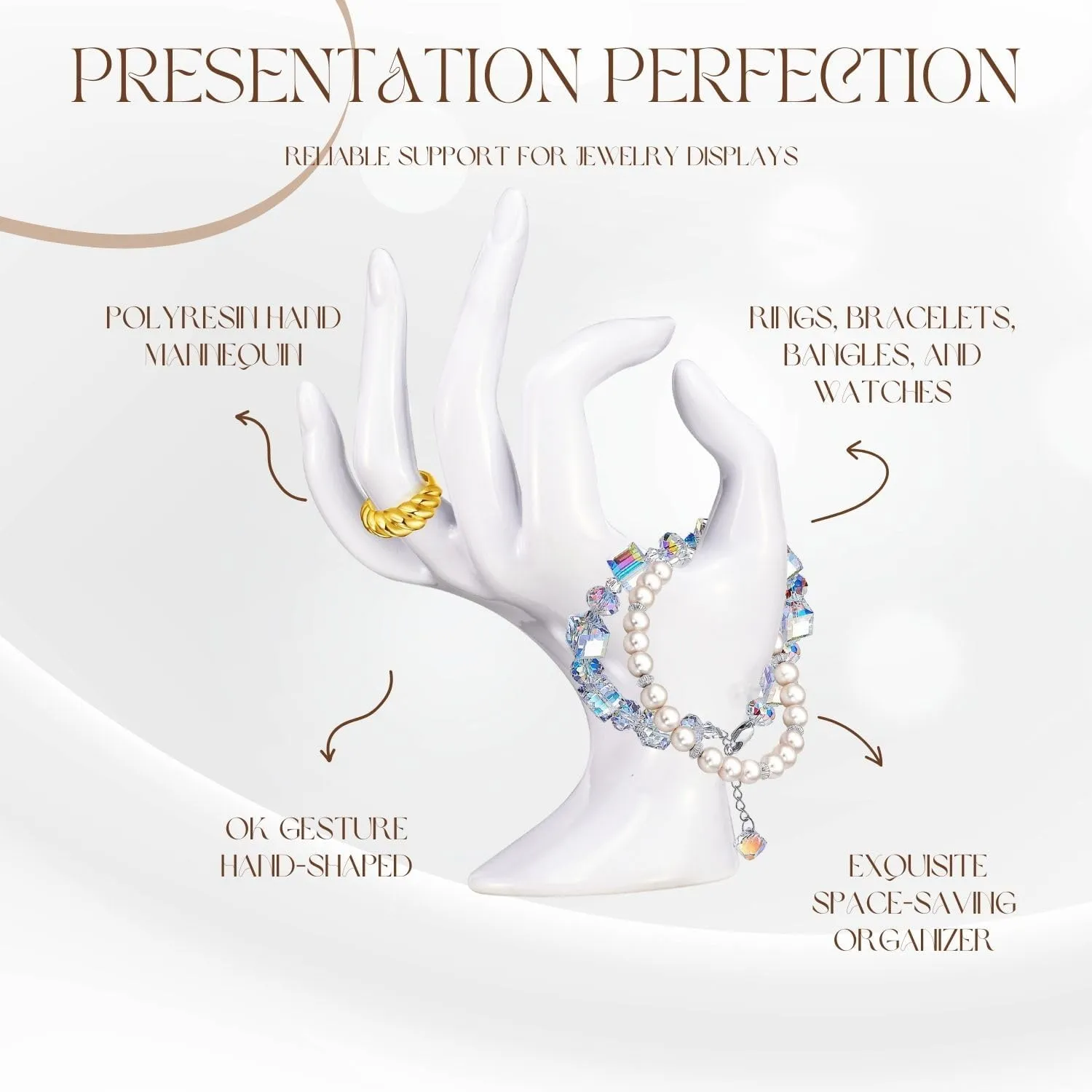 Flexzion Hand Jewelry Holder for Bracelet, Watch, Ring - Female Mannequin Arm Form Model Stand Display, White Polyresin