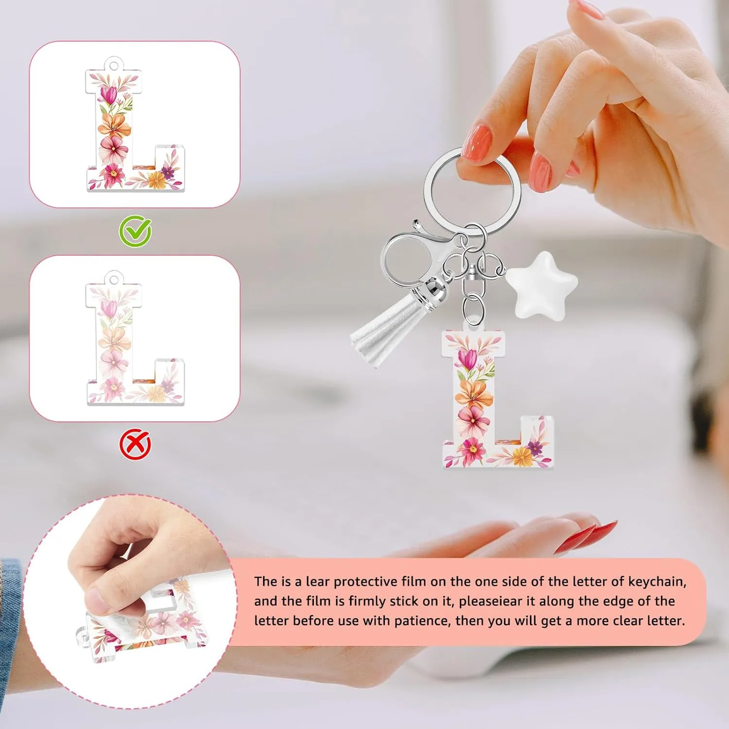 Flower Initial Letter Keychain, Alphabet Star Tassel Bag Charm Key Chain for Women Girls, Backpack Car Key Accessory