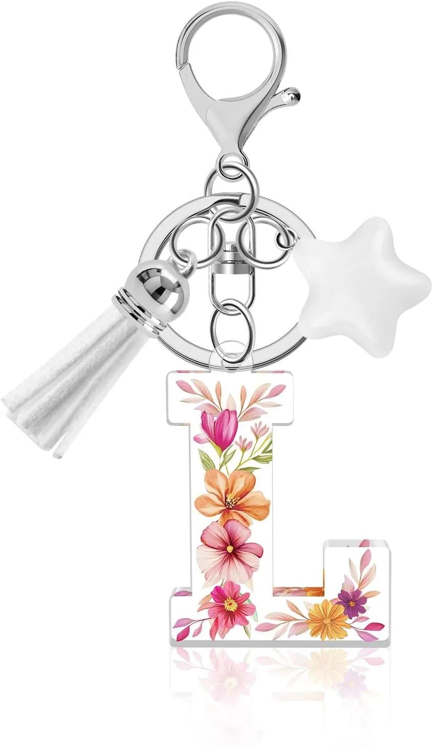 Flower Initial Letter Keychain, Alphabet Star Tassel Bag Charm Key Chain for Women Girls, Backpack Car Key Accessory