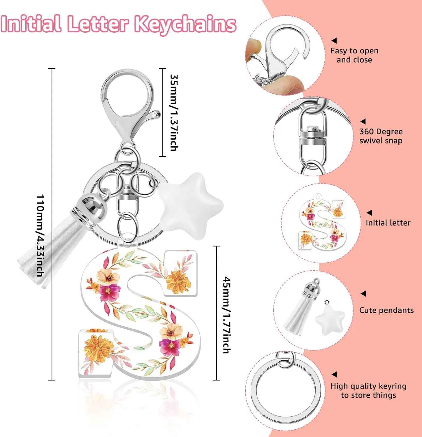 Flower Initial Letter Keychain, Alphabet Star Tassel Bag Charm Key Chain for Women Girls, Backpack Car Key Accessory