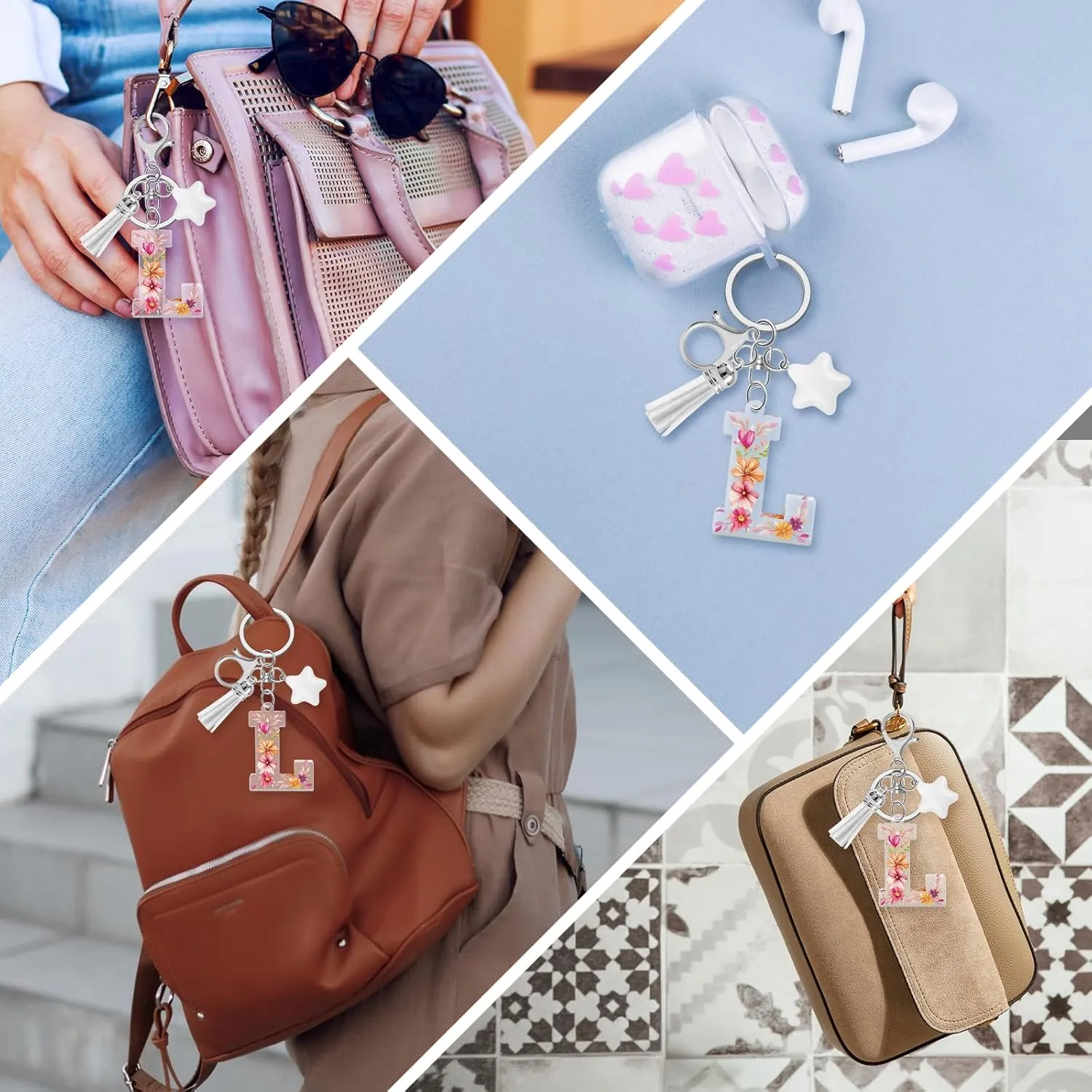 Flower Initial Letter Keychain, Alphabet Star Tassel Bag Charm Key Chain for Women Girls, Backpack Car Key Accessory