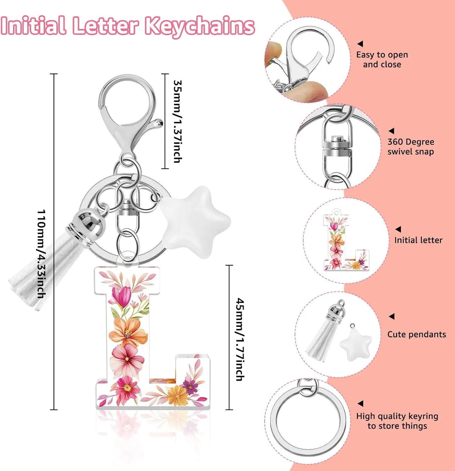 Flower Initial Letter Keychain, Alphabet Star Tassel Bag Charm Key Chain for Women Girls, Backpack Car Key Accessory