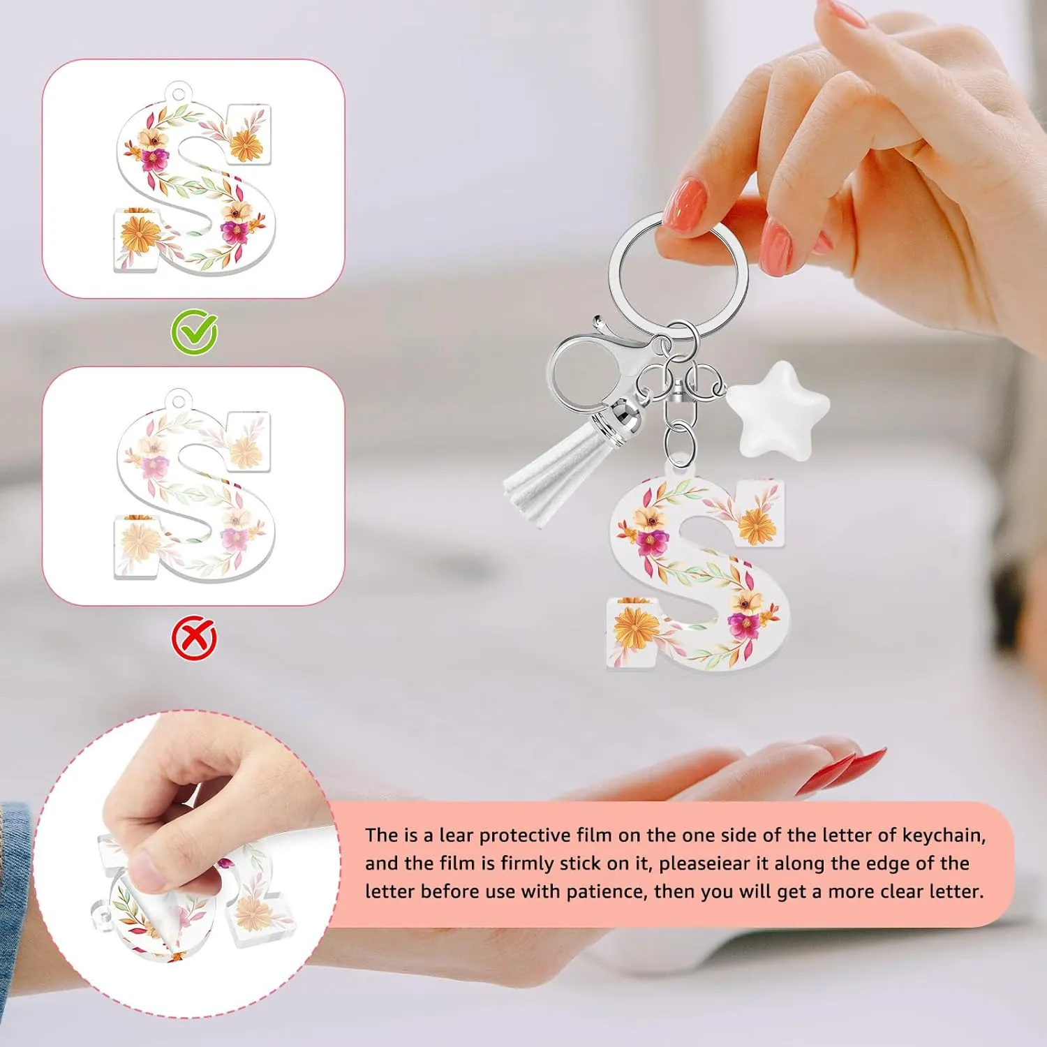 Flower Initial Letter Keychain, Alphabet Star Tassel Bag Charm Key Chain for Women Girls, Backpack Car Key Accessory