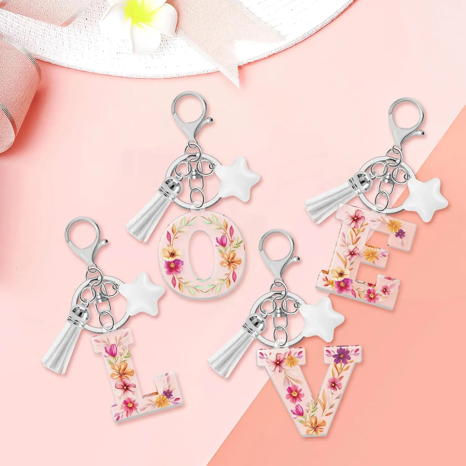 Flower Initial Letter Keychain, Alphabet Star Tassel Bag Charm Key Chain for Women Girls, Backpack Car Key Accessory