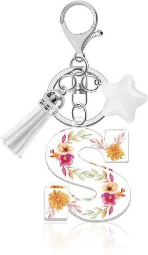 Flower Initial Letter Keychain, Alphabet Star Tassel Bag Charm Key Chain for Women Girls, Backpack Car Key Accessory