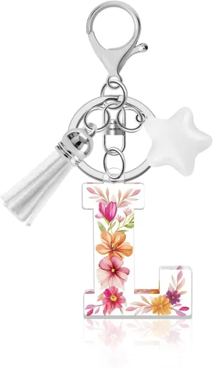 Flower Initial Letter Keychain, Alphabet Star Tassel Bag Charm Key Chain for Women Girls, Backpack Car Key Accessory