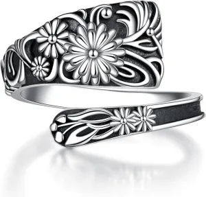 Flower Spoon Rings for Women - Sterling Silver Open Wide Adjustable Thumb Rings for Teen Boho Vintage Victorian Jewelry
